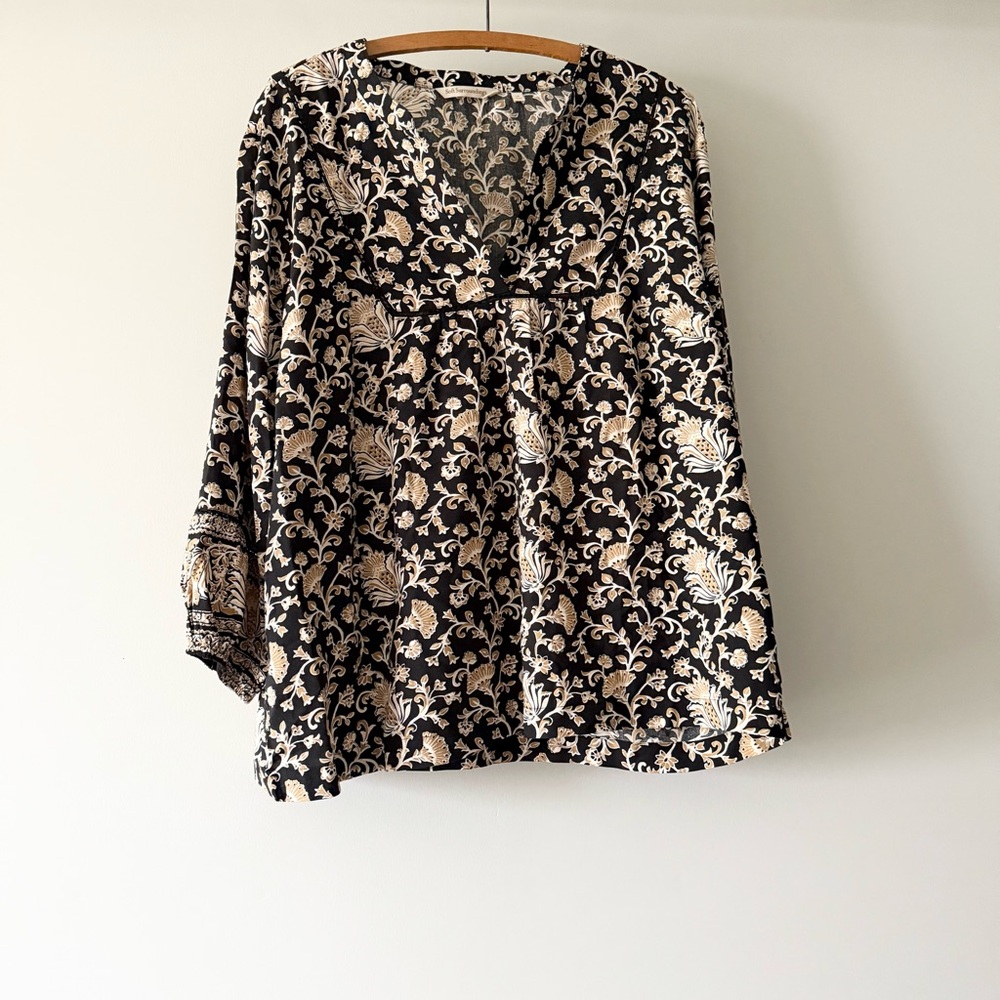 Soft‎ Surroundings Adrien Black Tan Peasant Top Lisbon Floral 1X